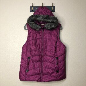 Green Tea Purple Hooded Puffer Vest Women's XL Faux Fur Pockets Warm Fall Winter